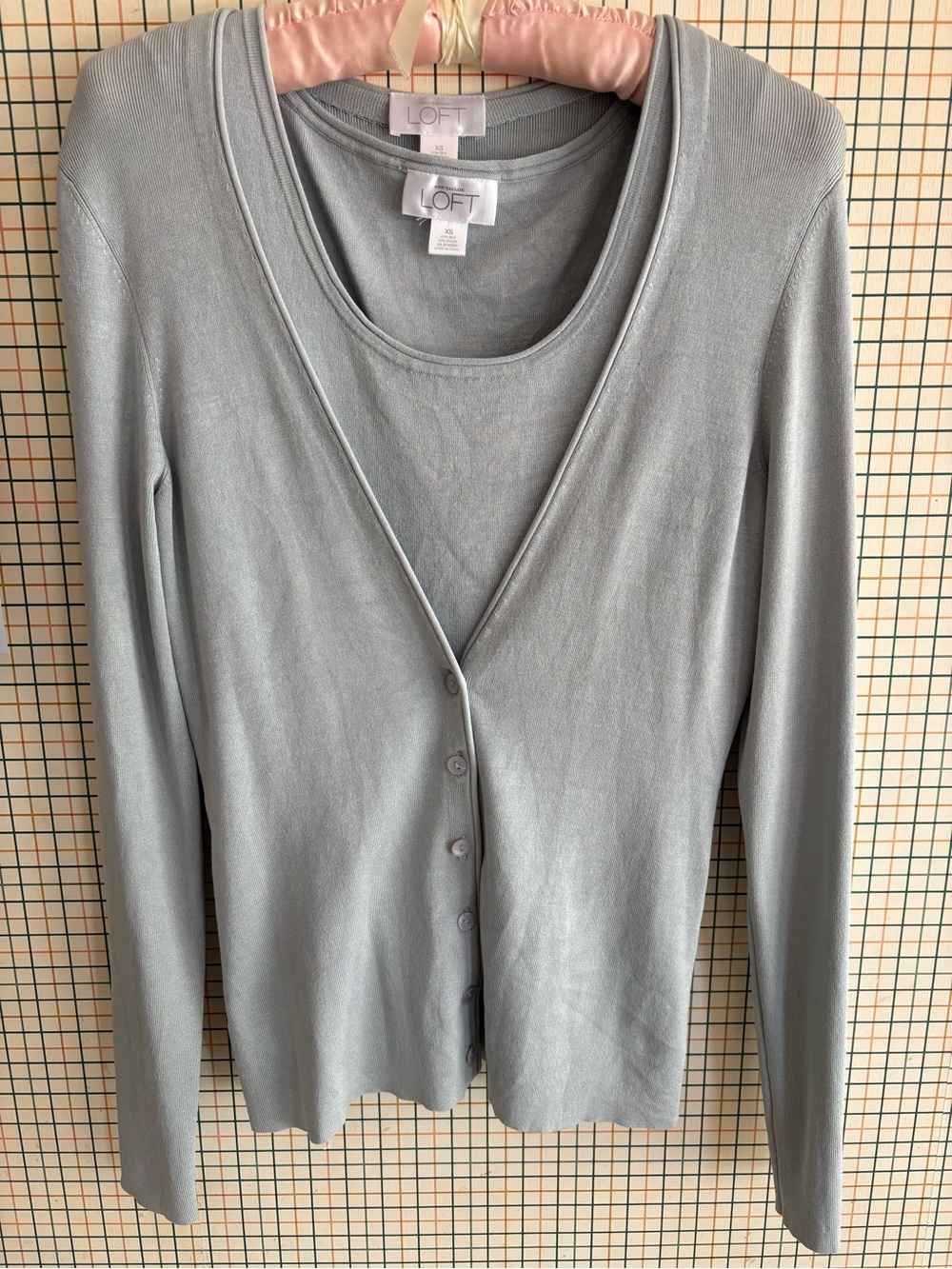 LOFT Blue-Gray Scoop-Shell and Button Cardigan Set